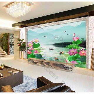 Tranh dán tường Tranh phong cảnh cánh đồng hoa sen, Tranh dán tường 3d hiện đại (tích hợp sẵn keo) MS1215183