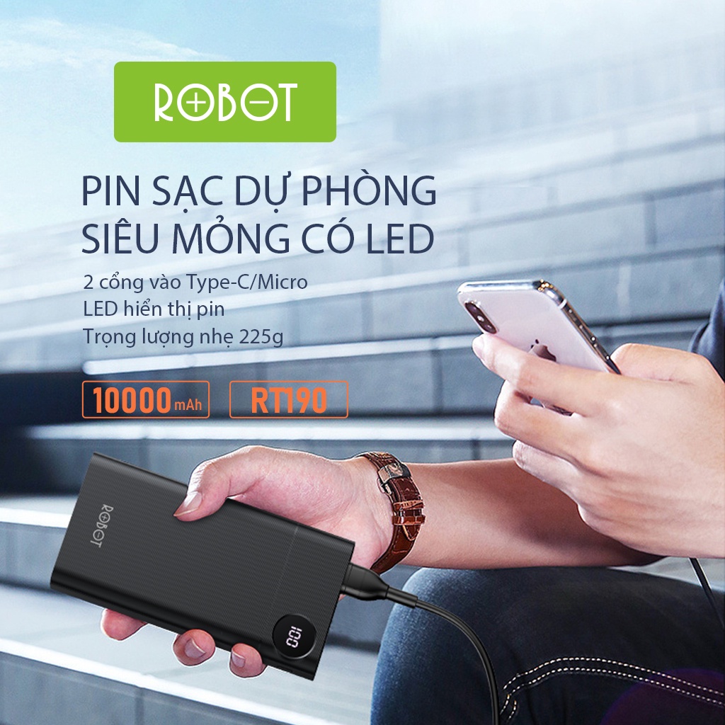 Pin Sạc Dự Phòng 10.000mAh ROBOT RT190 LED Hiển Thị PIN 1 Output USB &amp; 2 Input Micro Type-C Hàng Chính Hãng