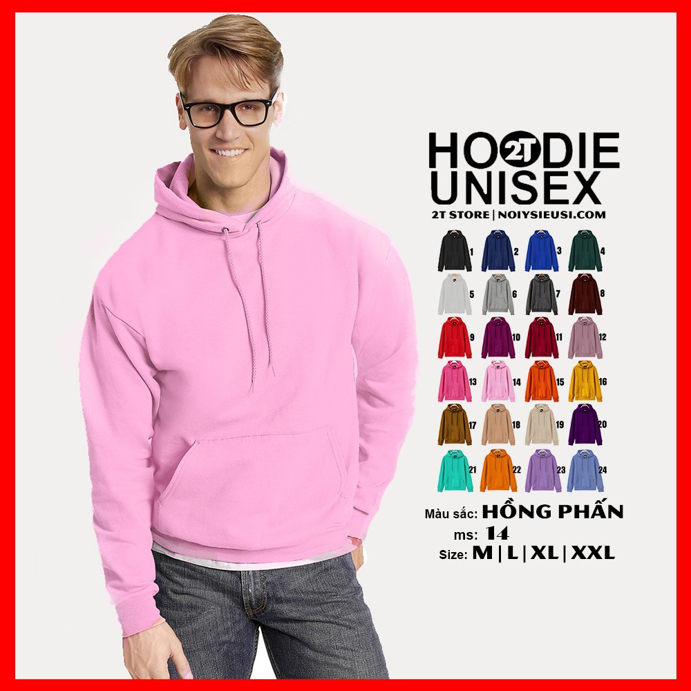 Áo hoodie unisex 2T Store H14 màu hồng phấn - Áo khoác nỉ bông chui đầu nón 2 lớp dày dặn đẹp chất lượng | BigBuy360 - bigbuy360.vn