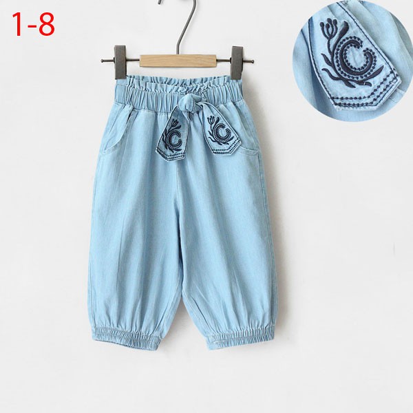 Quần jean ngố bo lai đính nơ hoa văn Size (8-26)kg - 160K