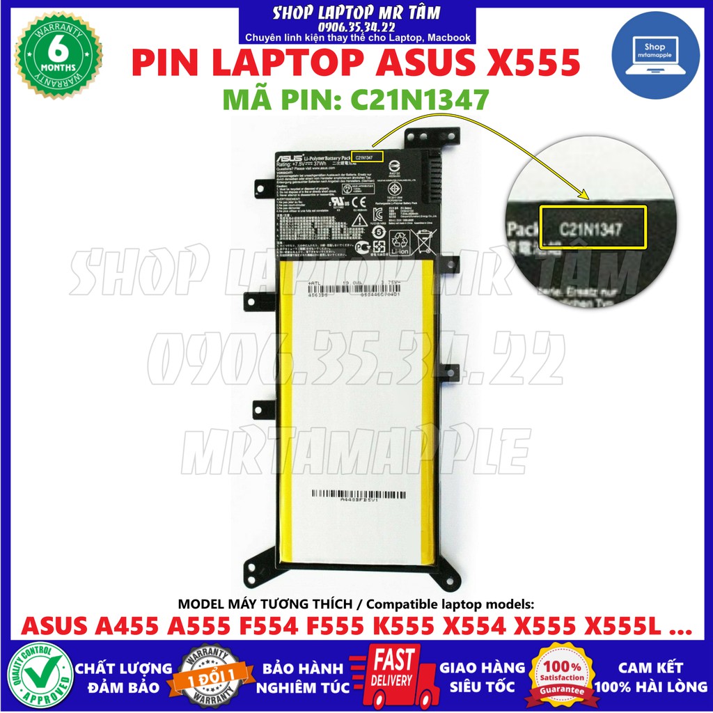 (BATTERY) PIN LAPTOP ASUS X555 (C21N1347) (ZIN) - A455 A555 A556 F554 F555 X554 X555LA X555LD X555LN, C21PQCH, 2ICP4/63