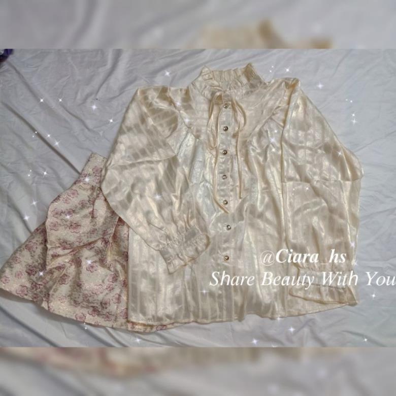 (K6) Set váy hoa đào sơ mi ánh nhũ Tiểu thư sang chảnh màu vàng kim loại đẹp. ST