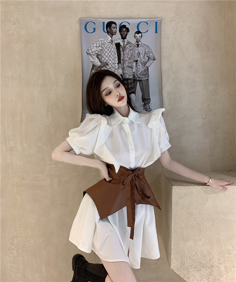 Váy sơ mi ngắn tay cao cấp phong cách cổ điển kèm thắt lưng da (Hàng Quảng Châu Có Sẵn) | BigBuy360 - bigbuy360.vn