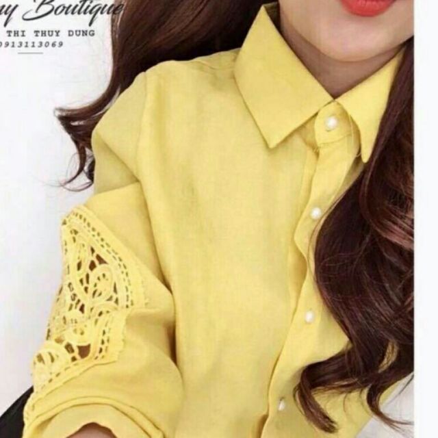 Áo sơ mi vải xô tay đắp ren siêu xinh. Chất lượng y hình về 2 màu vàng và xanh biển. Hàng chuẩn loại 1