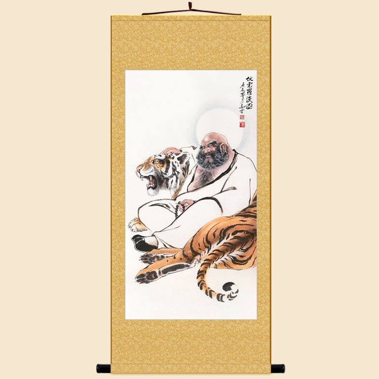 Tranh vải cuộn treo tường hình con hổ phong cách Trung Hoa