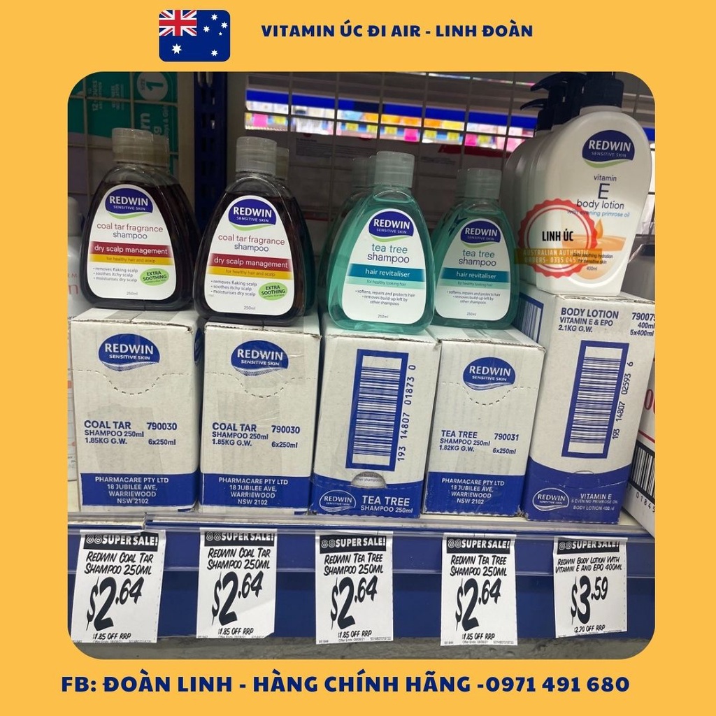 Dầu gội giảm gàu, nấm, giảm nhờn Redwin Coal Tar, Tea tree, Hàng Chuẩn úc đi air