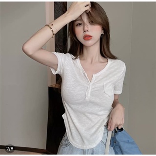 Áo Thun Body Cổ V Tay Ngắn Vạt Bầu Phối Túi 5 Màu