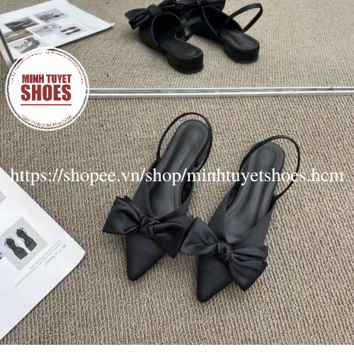 Giày nữ slingback thắt nơ lụa satin thanh lịch hè 2022-giày bệt nữ mũi nhọn mẫu mới bền đẹp giá tốt mã SLNGBACK