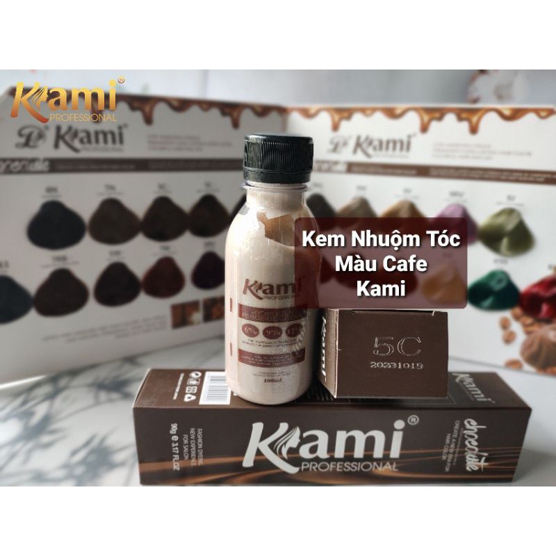 Kem Nhuộm Tóc Màu Nâu Cafe Kami Mã 5C (Tặng Kèm oxi, Găng tay, áo choàng nhuộm, nón ủ nilong, trùm tai và hdsd)