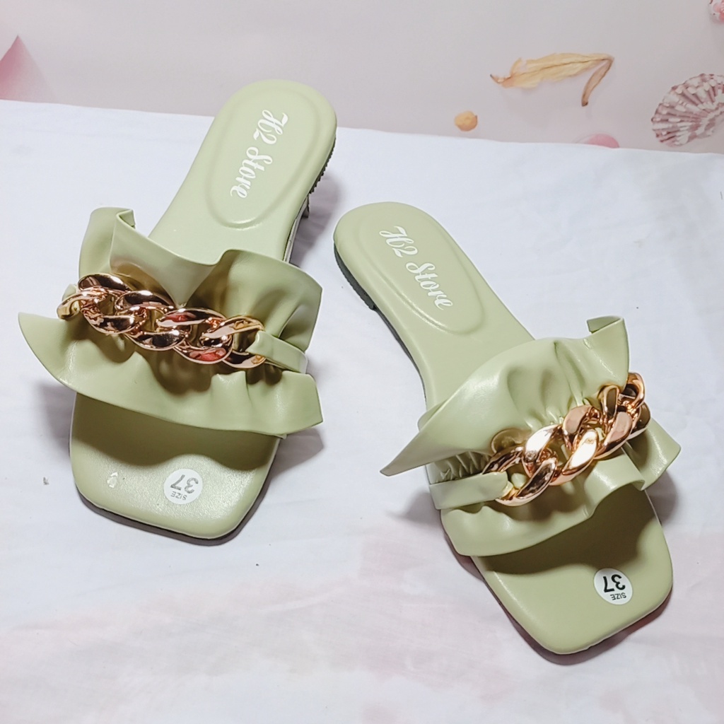 Dép nữ đế bệt mũi vuông quai ngang nhún nhúm phối xích mẫu mới độc đáo mã DNPX MINHTUYETSHOES