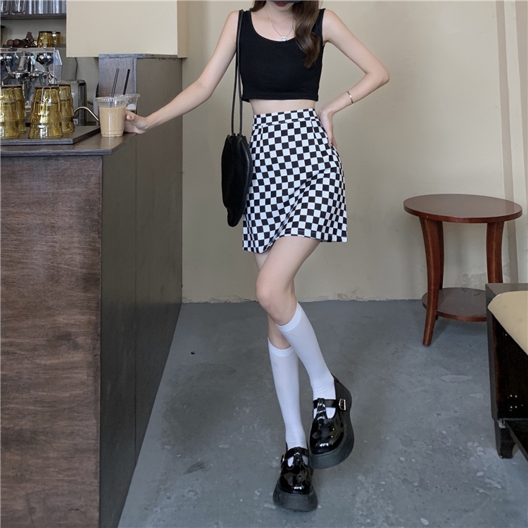 Xiaozhainv Chân váy lưng cao form chữ A họa tiết ca rô trắng đen sành điệu | BigBuy360 - bigbuy360.vn