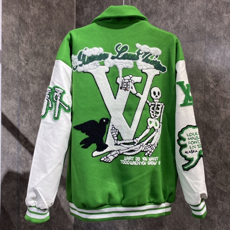 Áo Varsity Jacket LV SS21 màu xanh 4m official bản cao cấp, Áo khoác bóng chày nam nữ LV thêu hình họa tiết form rộng