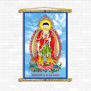 Tranh Liễn Phật Giáo -  Phật A Di Đà Mẫu mới 2021, Chất liệu vải canvas nẹp sáo gỗ, nhiều size nhiều mẫu