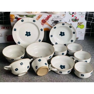 Bộ bát đĩa sứ hoa xanh men lỳ độc đáo