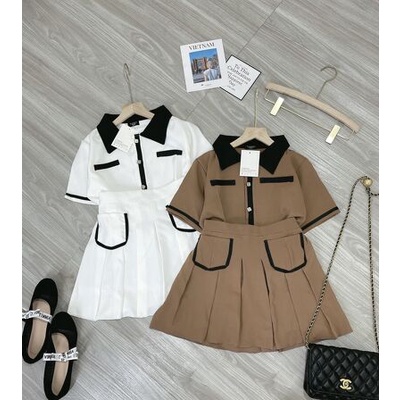 Sét bộ viền cổ bẻ chân váy li xoè 2 túi