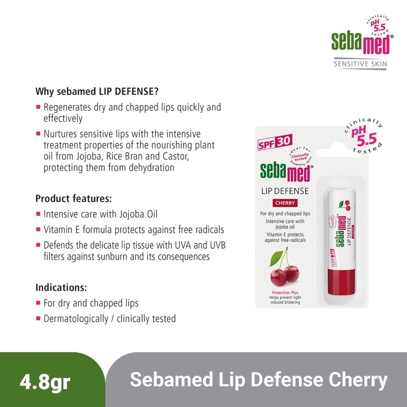 Son dưỡng môi Sebamed pH5.5 4,8g bảo vệ, chống khô môi, nứt môi, chống nắng SPF 30, có màu nhẹ, hương dâu, hương cherry