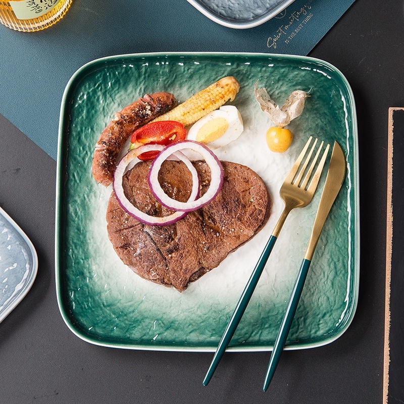 Đĩa sứ vuông Vân đá Thạch phong cách Bắc Âu, Đĩa vuông phẳng beef steak ( bít Tết)
