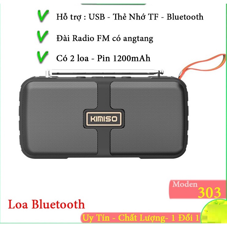 Loa Bluetooth Kimiso KMS-303 Chạy Thẻ Nhớ TF , cổng USB đài FM- Loa mini có ăng teng để nghe đài
