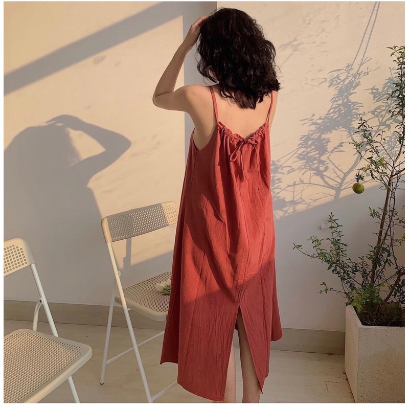 Váy Đầm Yếm Maxi Dáng Suông Dài Xẻ Sau Chất Thô Đũi Đi Biển VY01