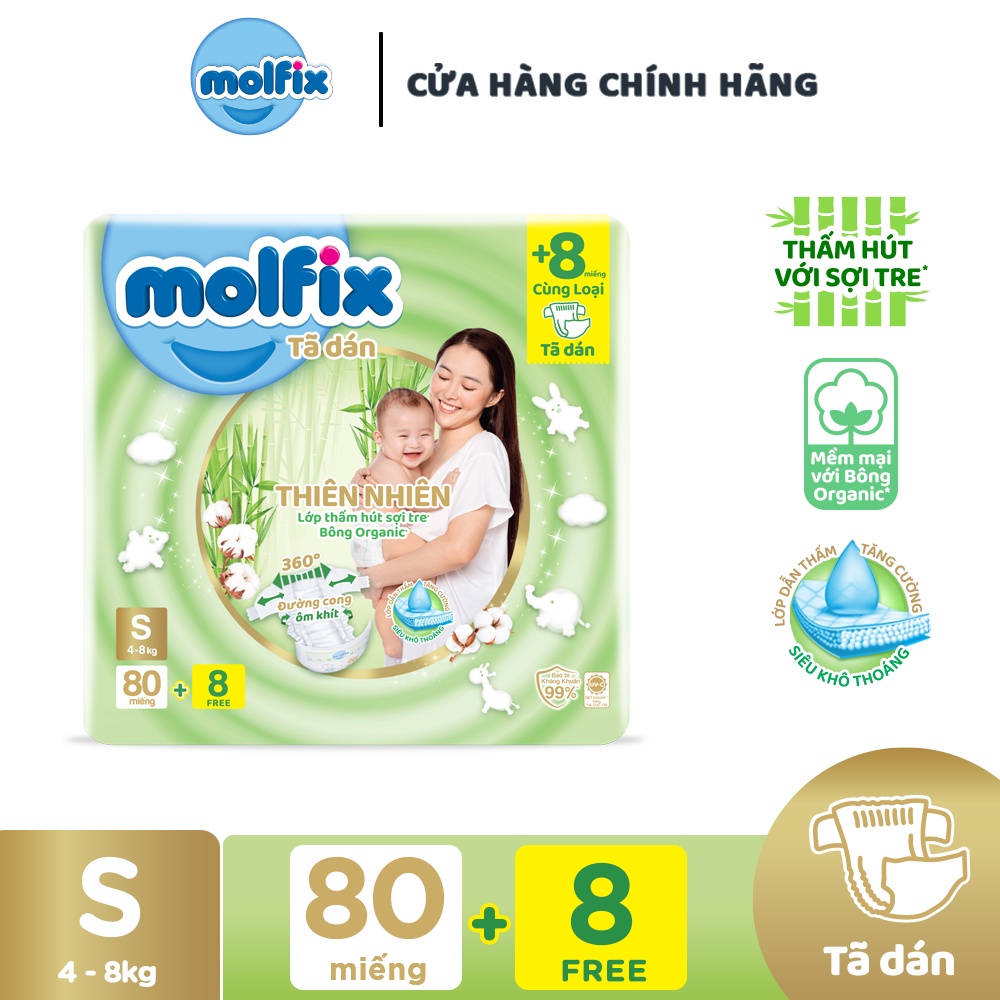 Tã/bỉm dán Molfix Thiên nhiên Super Jumbo S (4kg – 8kg) – Gói 80+8 miếng