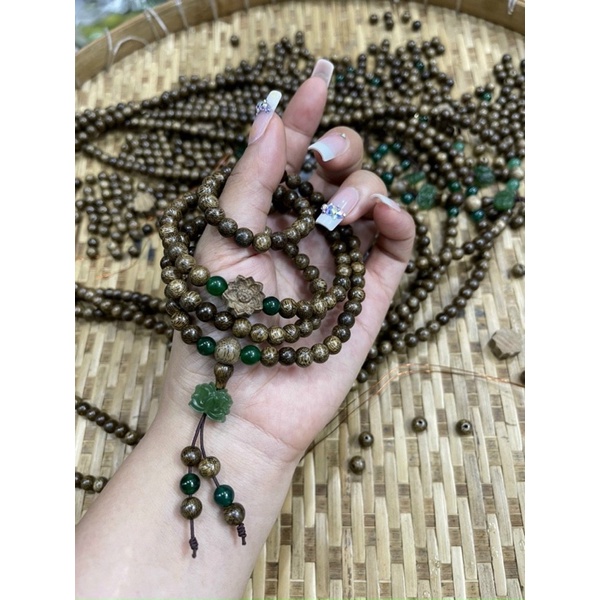 VÒNG CHUỖI TRẦM HƯƠNG SEN XANH NGỌC sánh chìm 108