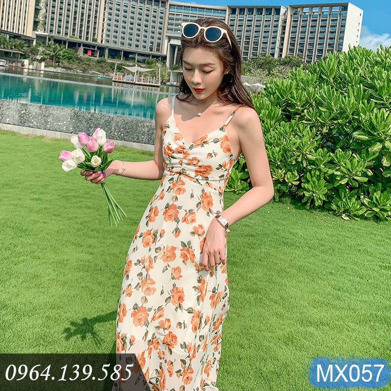 Đầm maxi 2 dây dễ mặc, chất voan mềm mát, họa tiết hoa vàng nhẹ nhàng nữ tính | MX057