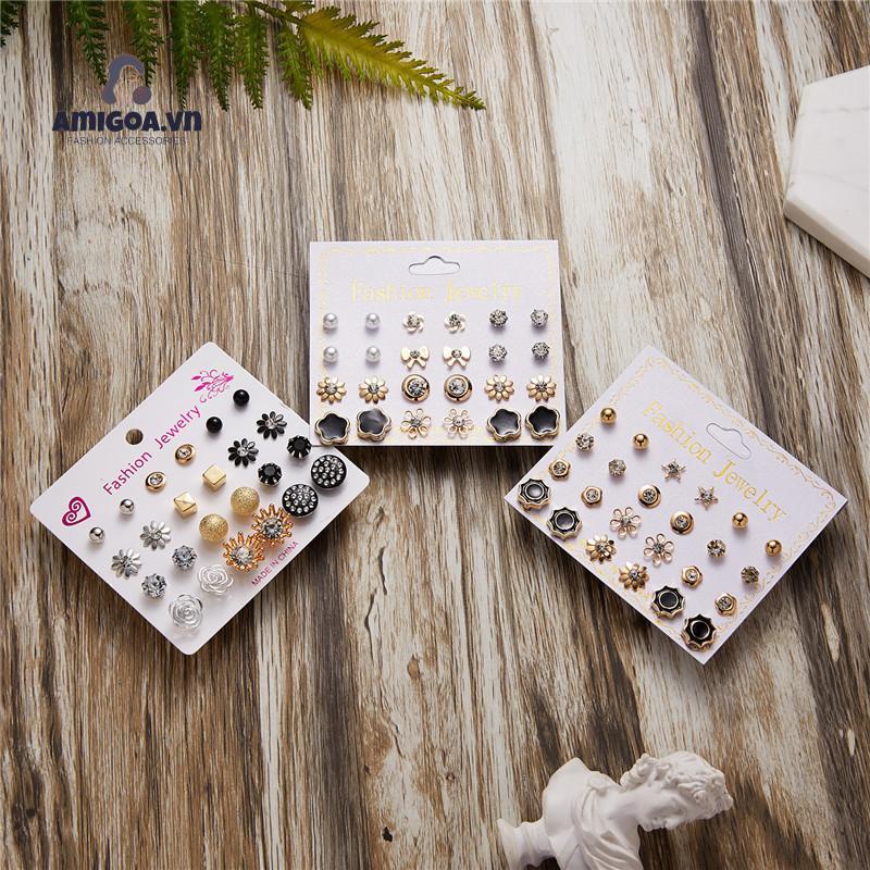 Bộ 12 Đôi Bông Tai Hình Nơ Đính Ngọc Trai Nhân Tạo