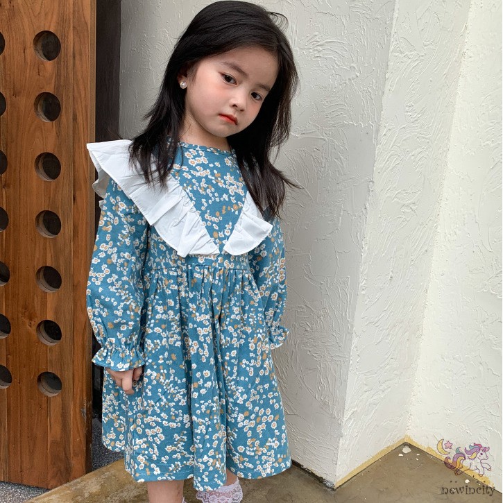 Đầm Cotton Dài Tay In Hoa Kiểu Hàn Quốc Xinh Xắn Cho Bé Gái