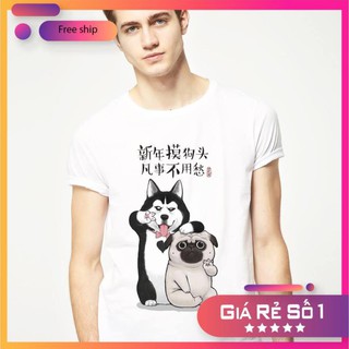 Áo thun nam tay ngắn, áo hình chó husky vs pug có chữ- Áo thun Trung Quốc Unisex - Áo thun tay lỡ  (Trắng)