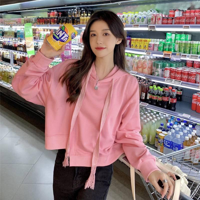 Áo hoodie dáng rộng phối dây rút thời trang thu đông phong cách Hàn Quốc cho nữ