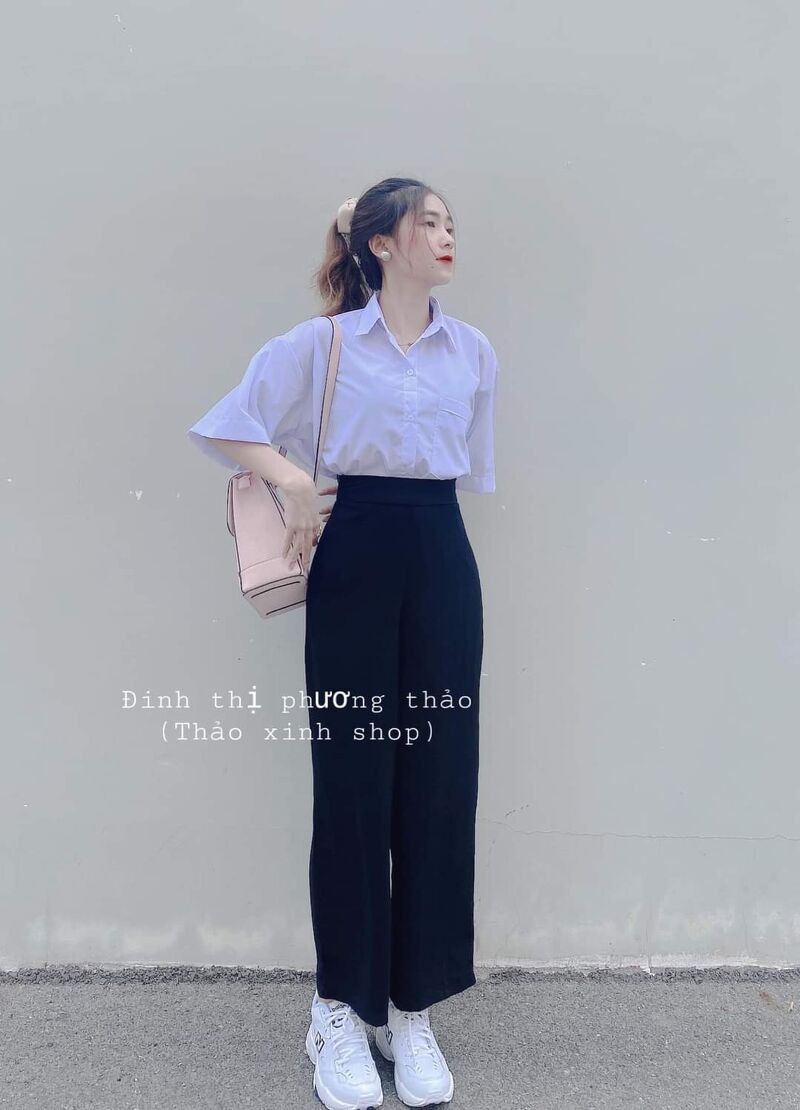 Áo sơ mi nữ trắng trơn túi tay lỡ fom rộng