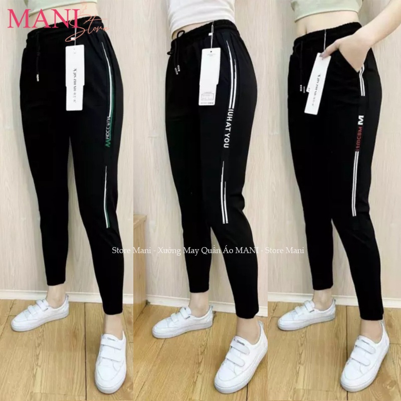 Quần jogger nữ dây rút kiểu quần thể thao nữ dài vải Umi Hàn co giãn màu đen viền sọc chữ mặc tập gym ở nhà đi chơi đẹp