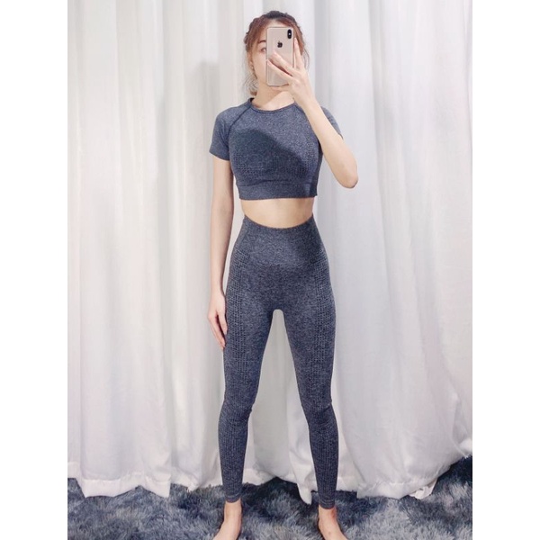 Bộ đồ tập gym nữ 3 món | quần dài legging, áo croptop tay ngắn, bộ tập yoga dệt kim co giãn 4 chiều SET03