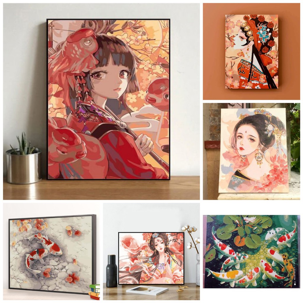 Tranh tô màu theo số CÓ KHUNG 40x50cm hình cô gái, cá và hoa | BigBuy360 - bigbuy360.vn
