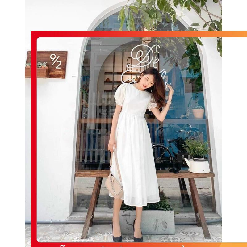❤️ FREESHIP ❤️ Đầm trắng basic cổ tròn tay bo Phương Trâm Official Store