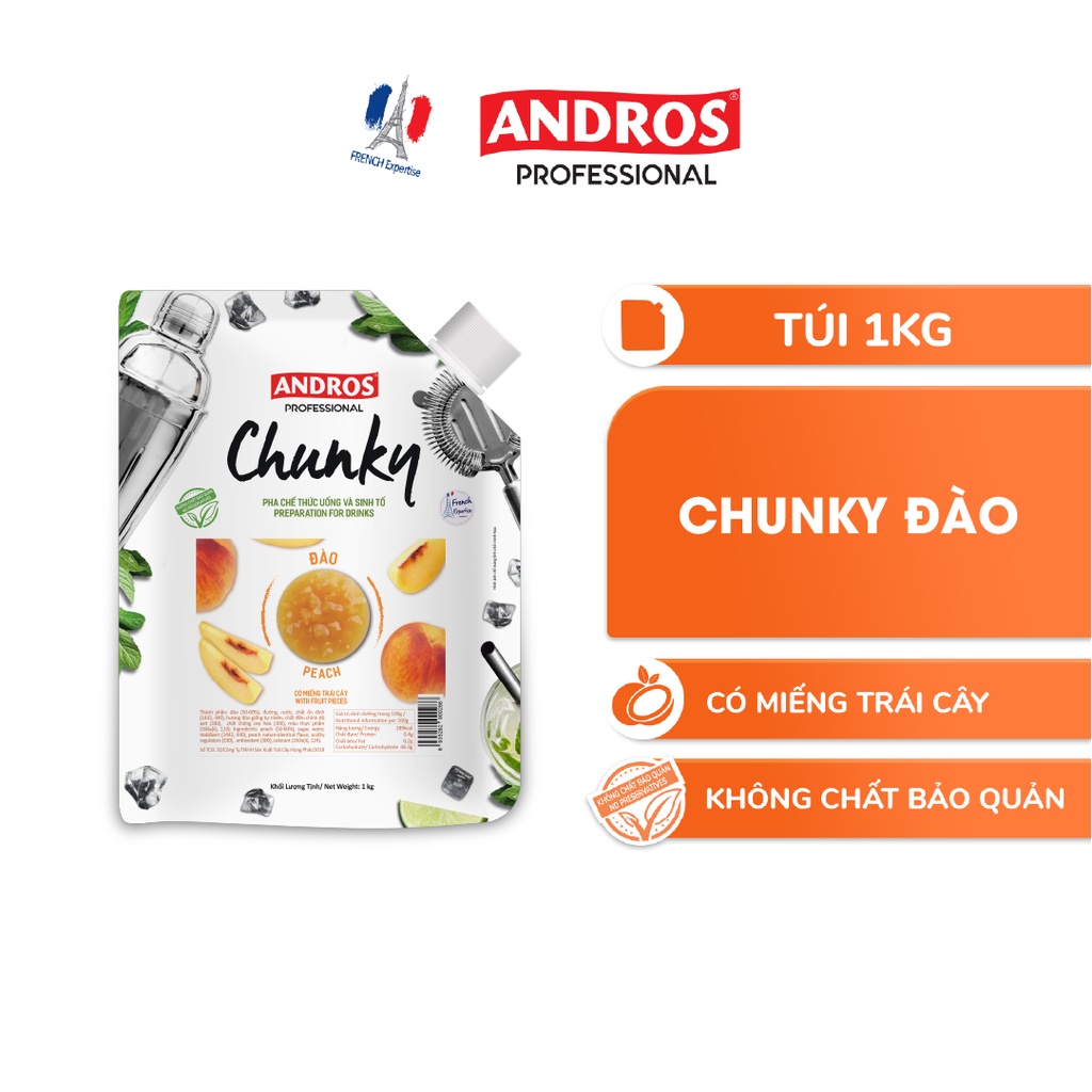 Mứt Trái Cây Pha Chế Đào - Có miếng trái cây thật - Nguyên liệu pha chế -  ANDROS CHUNKY - 1kg