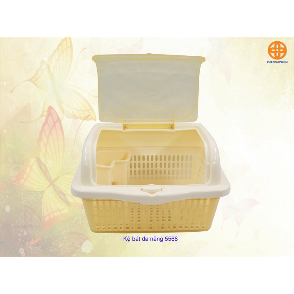 Kệ úp bát đa năng nhựa cao cấp , kệ úp bát đĩa có lồng nắp đậy kèm ống cắm đũa 5568