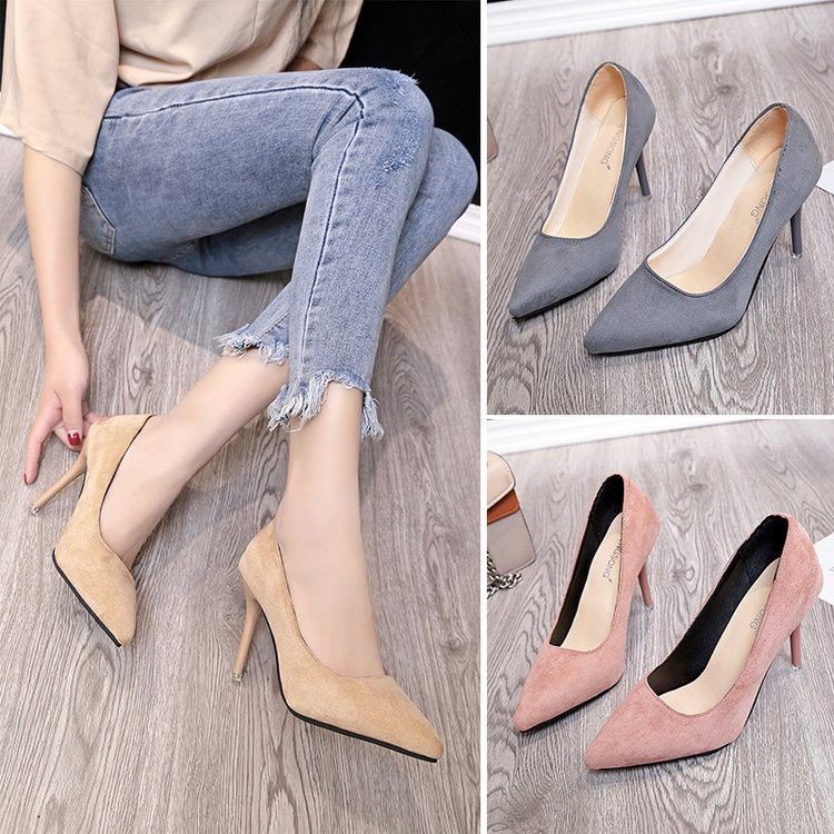 (ỎRDER) Giày cao gót trơn da lộn Big size 33-43 - Ảnh thật