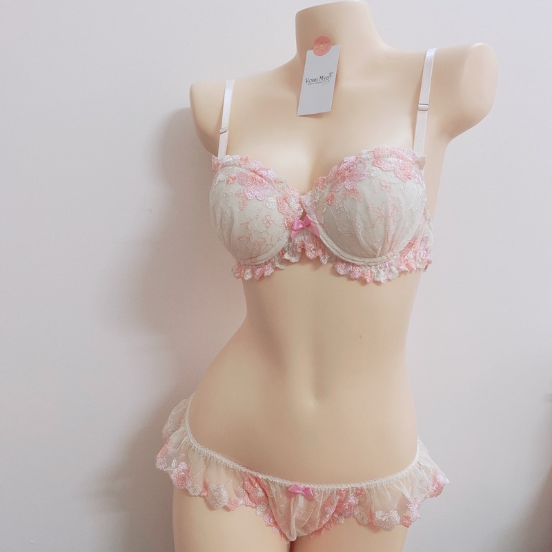 Set hoa hồng san hô áo ngực có gọng có mút nâng Voan Mya