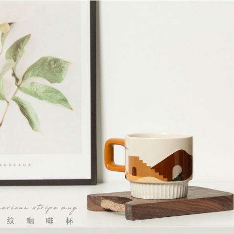 Cốc ly sứ OASIS phong cách Bắc Âu dung tích 320ml họa tiết xinh xắn viền quai xanh dùng để pha cà phê, pha trà - Ráp