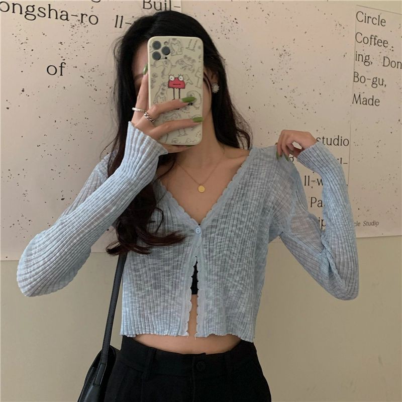 Áo khoác Cardigan len dệt kim mỏng dáng croptop cổ chữ V siêu xinh cho nàng