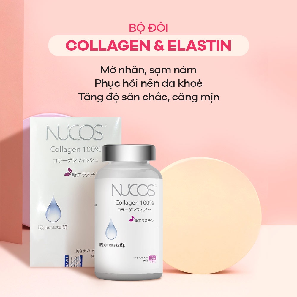 Viên uống đẹp da chống lão hóa cấp ẩm Nucos Collagen 100% Elastin 90 Viên - Giúp da săn chắc, tăng đàn hồi