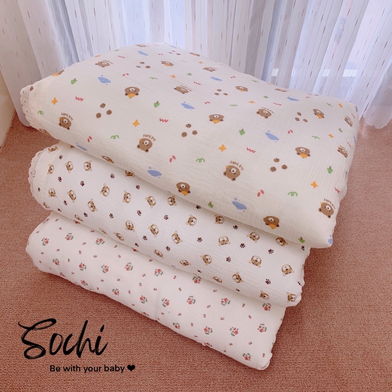 Chăn xô muslin có kèm ruột bông đắp 4 mùa họa tiết đáng yêu cho bé