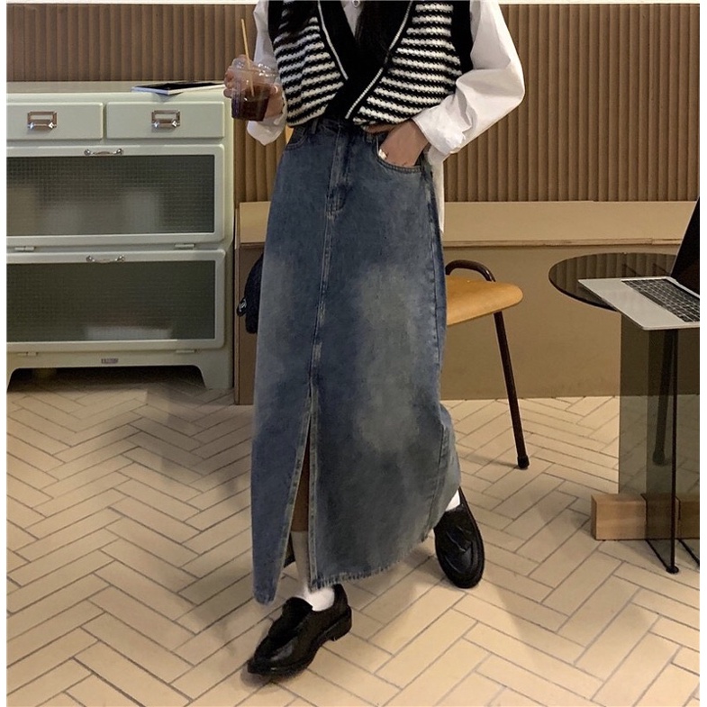 Chân váy jean xẻ retro mẫu mới 2021 dành cho nữ Peneeconcept