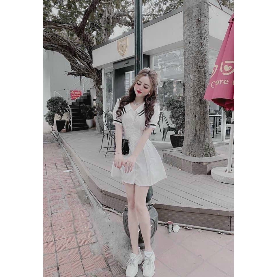 đầm nữ tay ngắn phồng cổ bẻ phối viền cài nút đầm xòe nhẹ kiểu dáng trẻ trung dễ thương ls015