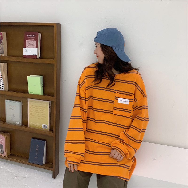 Áo sweatshirt IELGY họa tiết sọc dáng rộng tay dài thiết kế mỏng phong cách Hàn Quốc dành cho nữ