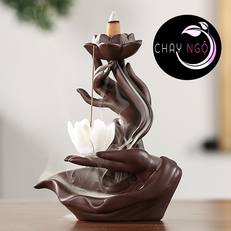 Thác khói Trầm Hương Bàn Tay Phật Cao Cấp - Thủ Ấn Tránh Ác Tarjani Mudra Hoa Sen - Cầm Sen Nâu (Sen)