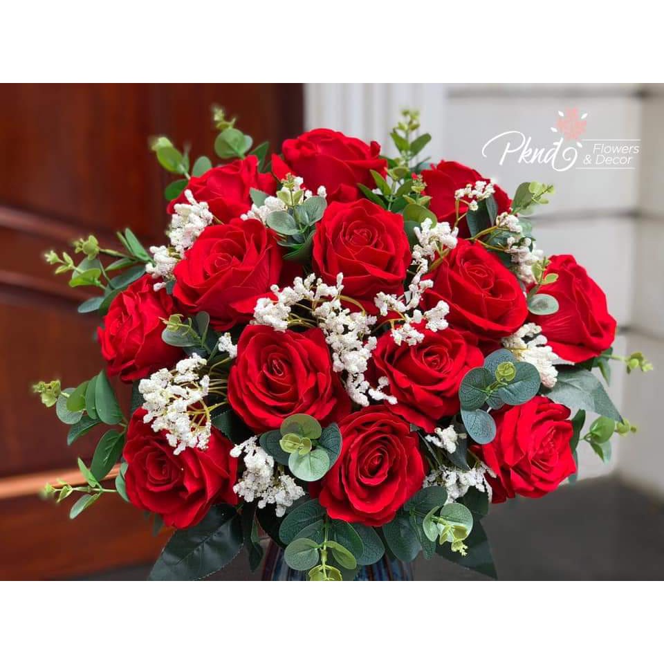 Bình hoa giả hồng nhung đỏ lụa trang trí phòng khách đẹp PKND BH28
