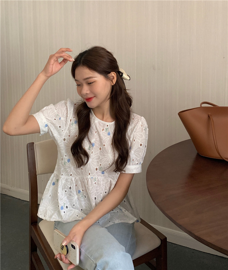 SUXI Áo Thun Tay Ngắn Cổ Tròn Thêu Họa Tiết Phong Cách Hàn Quốc Cho Nữ