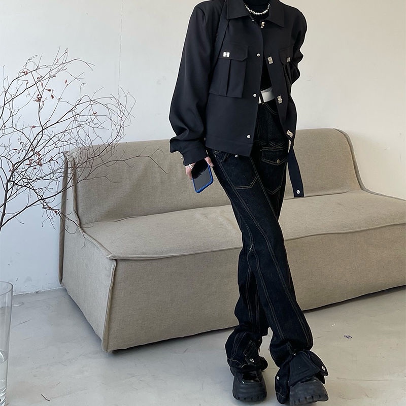 Guochao Quần Jean Dài Ống Rộng Mỏng Màu Giặt Được Làm Thủ Công Đường Phố Mỹ Phổ Biến Cho Nam Và Nữ